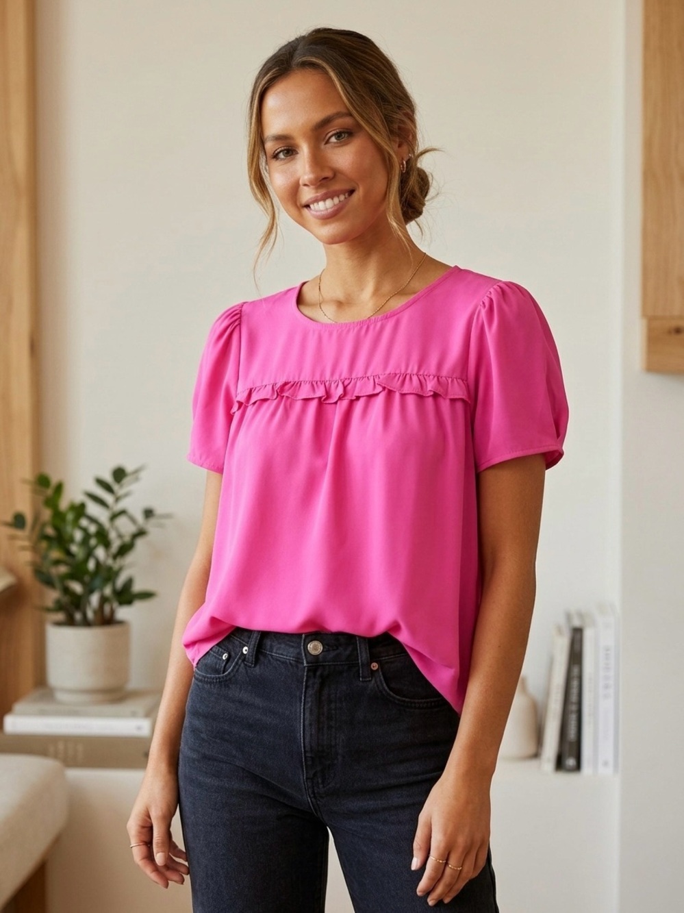 Pleione Bright Pink Ruffle Yoke Short Sleeve Blouse